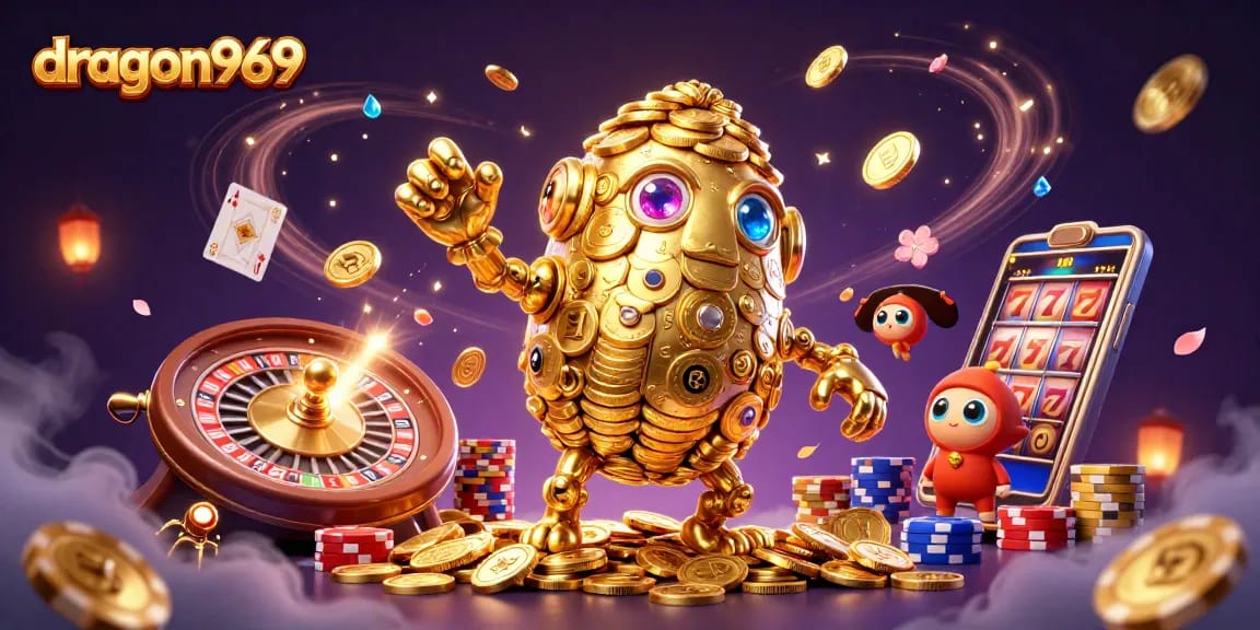 Engage with dragon969 in an exhilarating 3D casino adventure featuring dynamic gaming elements and a golden golem.