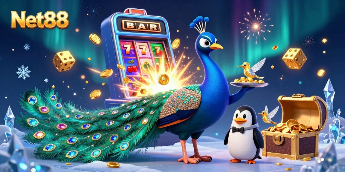 Experience Net88 with vibrant casino elements featuring a peacock and penguin in action.