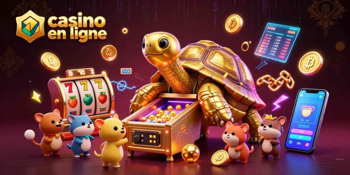 Jouer à un casino en ligne avec une tortue géante en flipper, entourée de jeux et de symboles colorés.