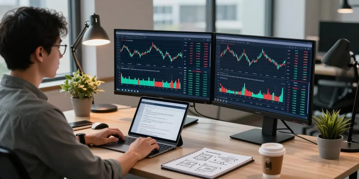 Developer utilizing the US stock fundamental data API in a modern fintech workspace, analyzing real-time stock market trends and financial data.