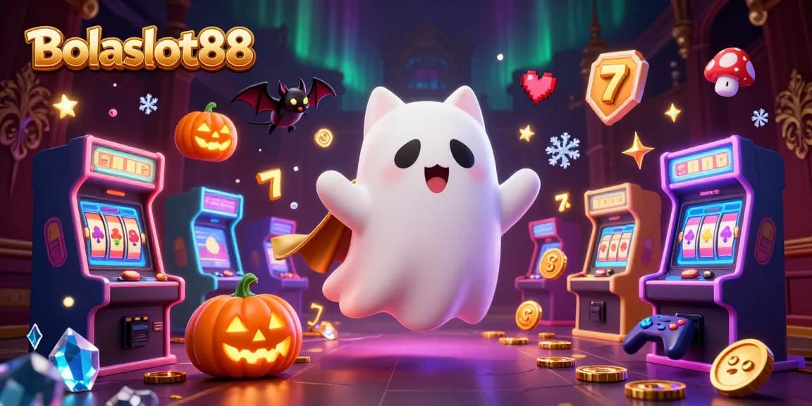 Bolaslot88 takes you to a magical gambling world with ghost cats, glowing slot reels, and vibrant arcade games!