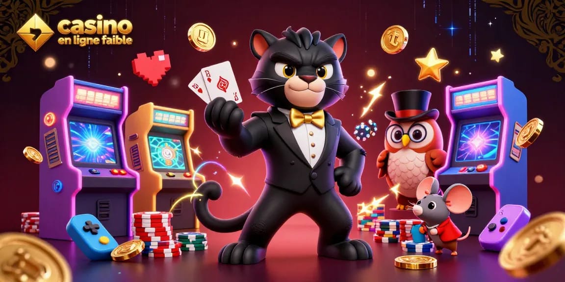 Jouez à un casino en ligne fiable avec une illustration dynamique de personnages et équipements de jeu captivants.