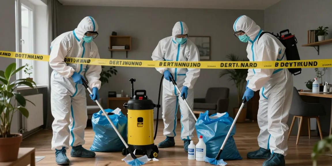 Tatortreinigung Firma Dortmund – Professionelles Reinigungsteam bei der Arbeit in einem Apartment nach einem Vorfall mit modernen Desinfektionsmitteln und Schutzausrüstung.