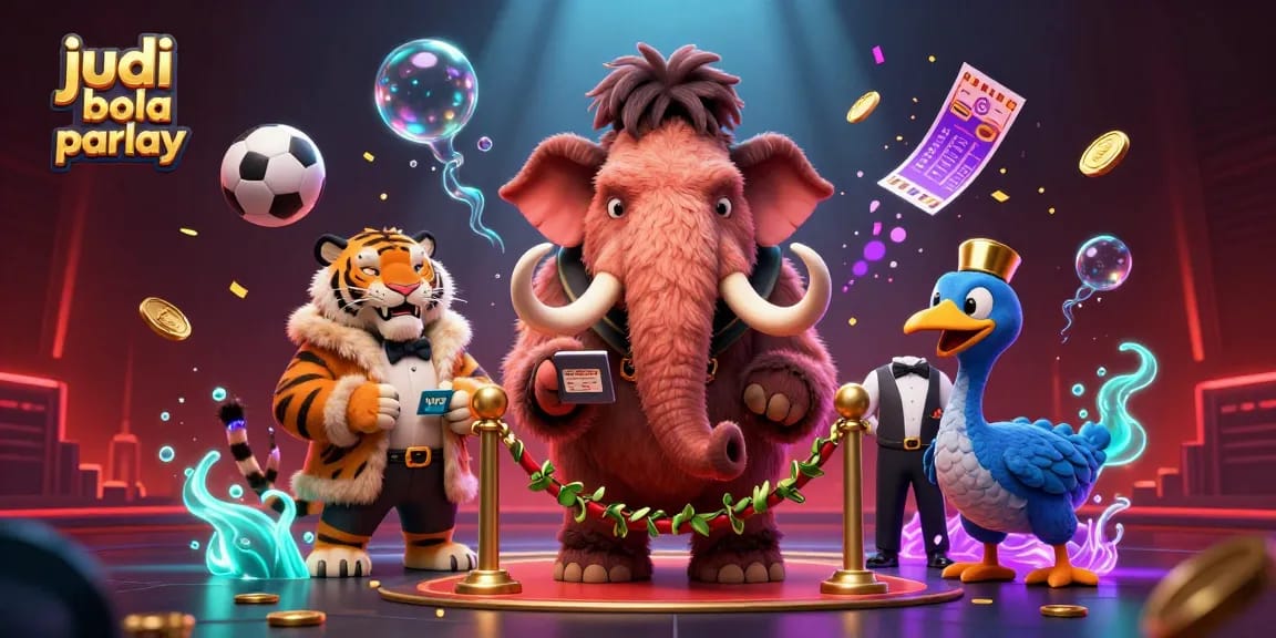 Engage in judi bola parlay with dynamic sports betting elements and vibrant casino character scene.