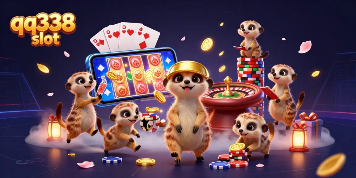 Spin colorful reels and win big with qq338 slot in this vibrant cartoon casino scene.