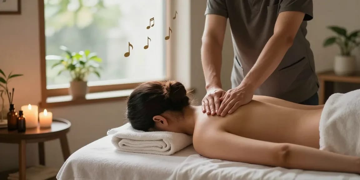 금천구출장안마을 위한 편안한 홈 스파 마사지 장면, 아로마 캔들과 부드러운 수건으로 둘러싸인 모습.