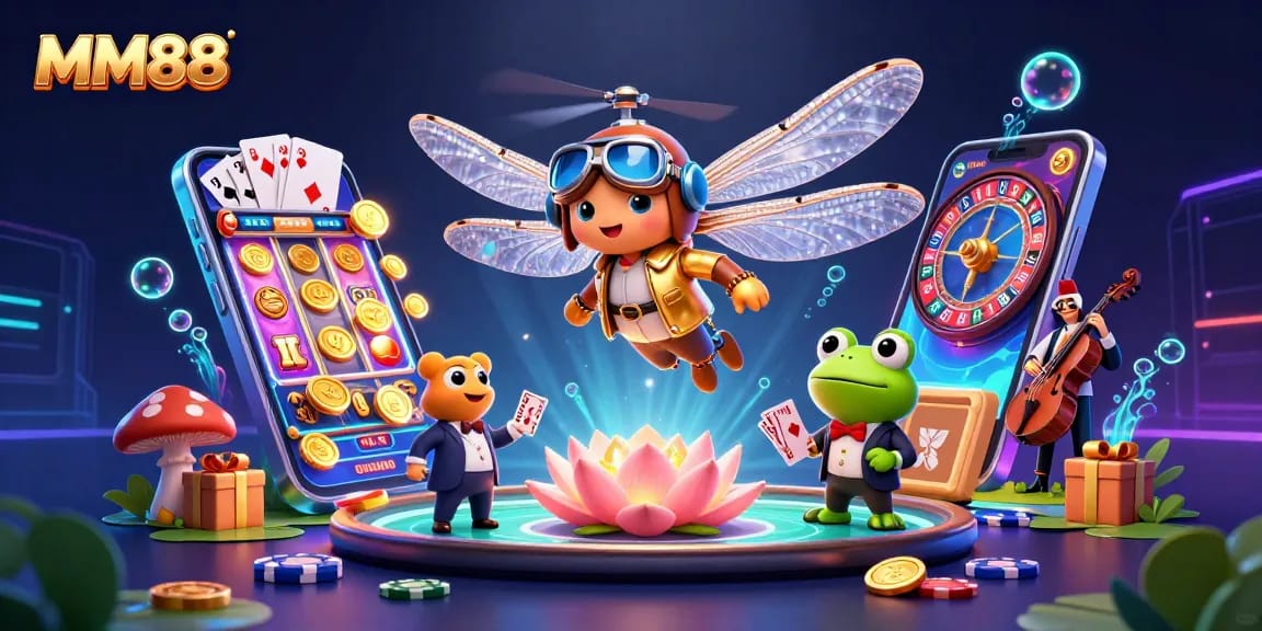 Experience thrilling gameplay at MM88, where a lively frog dealer conducts games amid a vibrant casino scene.