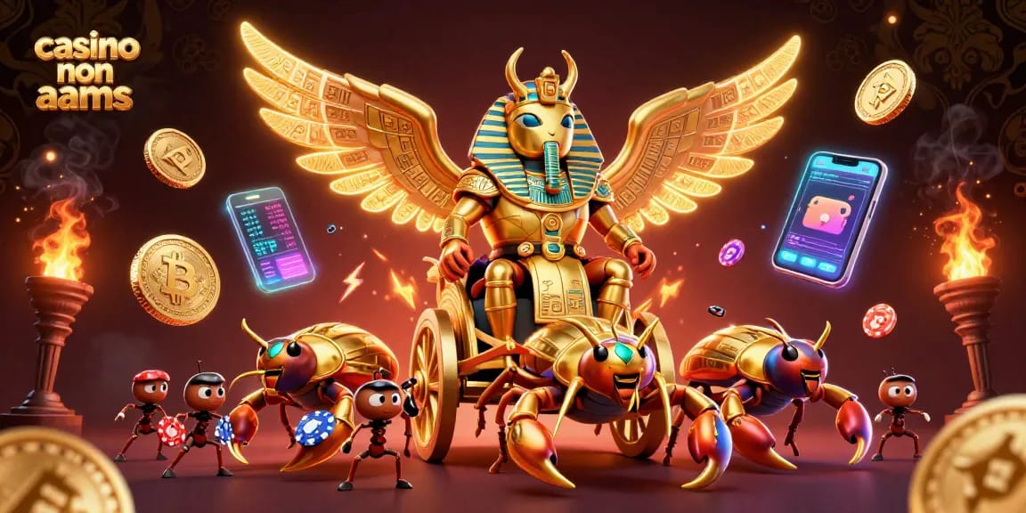 Gioca nei casino non AAMS con un gigantesco scarabeo d'oro e scorpioni, circondato da monete crypto.