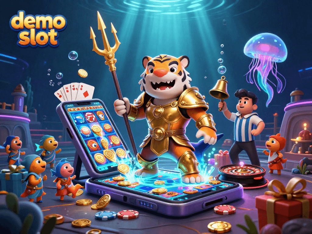 Slot demo yang menghibur dengan hiu kartun tangguh di arena bawah air dan elemen judi yang meriah.