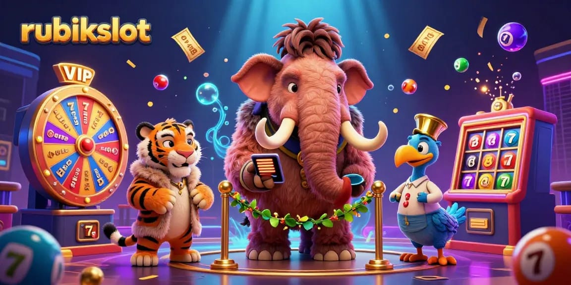 Experience the fun at rubikslot with vibrant slot reels and colorful lottery balls in a lively casino scene.