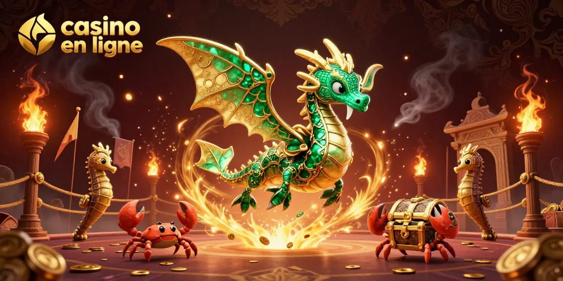 Découvrez un casino en ligne dynamique avec une illustration de dragon marin et des trésors éparpillés.
