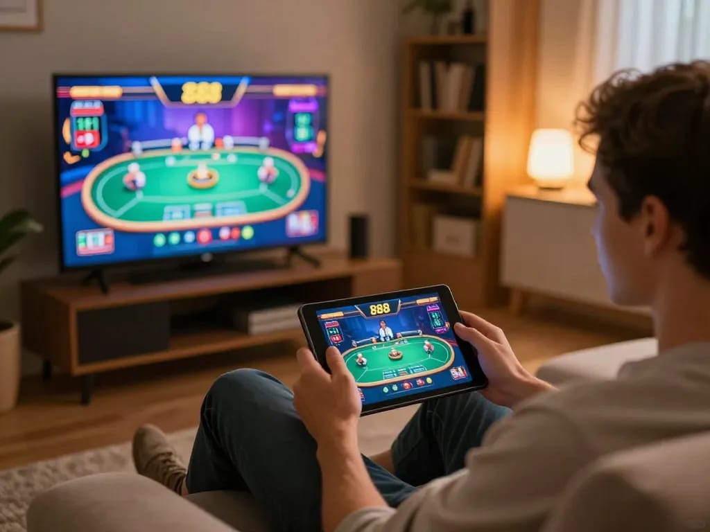 Person enjoying poker gameplay on TV88 casino platform using a tablet in cozy home atmosphere.