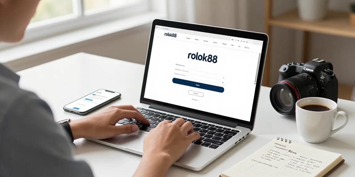 rokok88 login interface on a laptop in a stylish workspace with coffee and notes