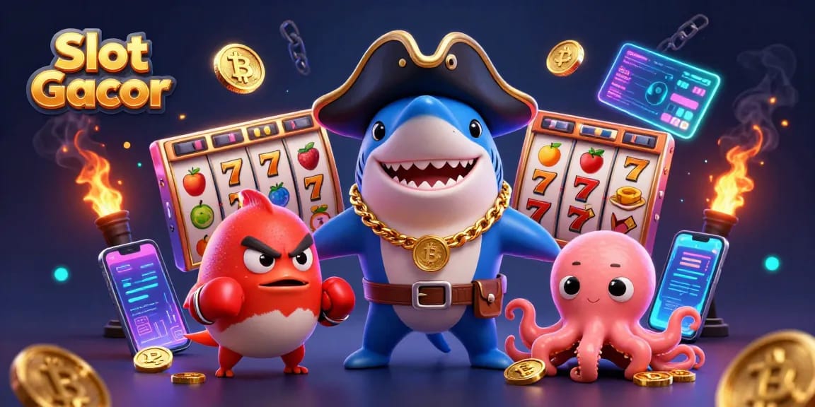 Slot Gacor menampilkan hiu kartun 3D dengan koin emas, simbol slot, dan elemen bermain yang menarik.