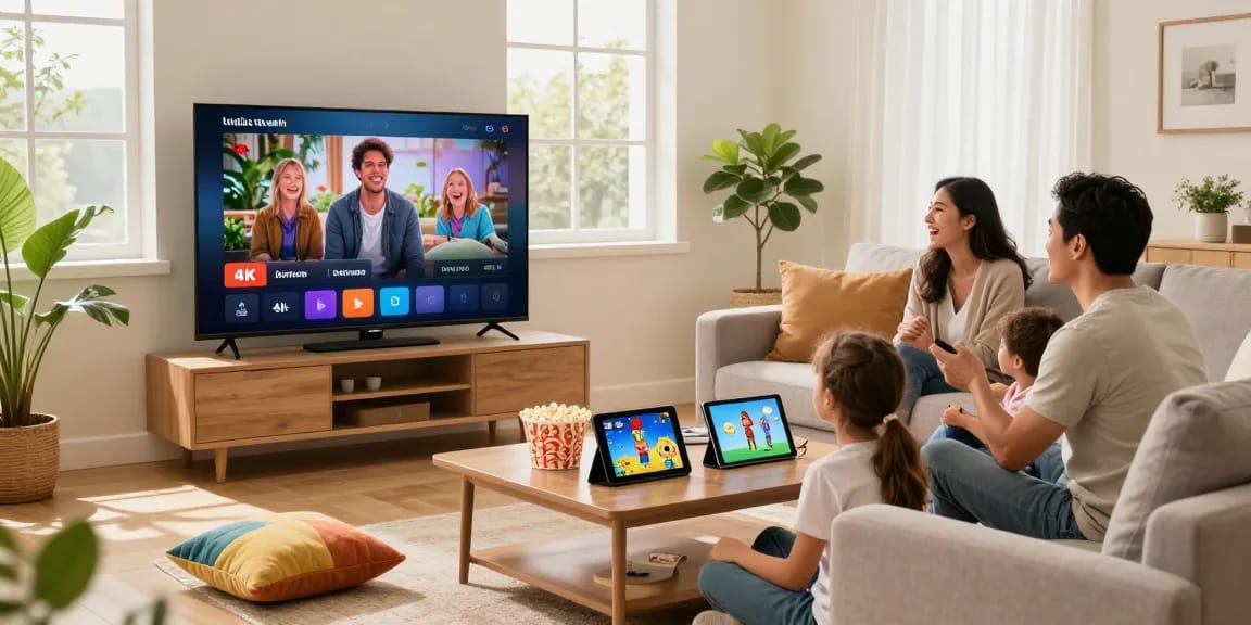 Profitez d'un essai gratuit iptv avec votre famille dans un salon moderne regardant des films en 4K.