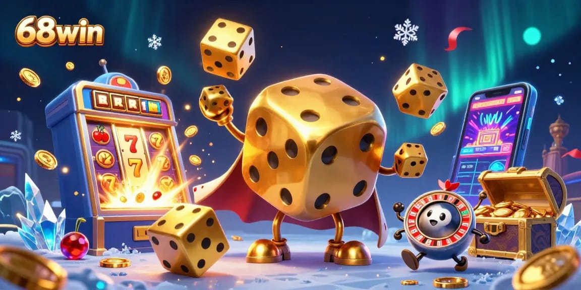Players experience fun and excitement at 68win, featuring dynamic casino elements and golden dice.