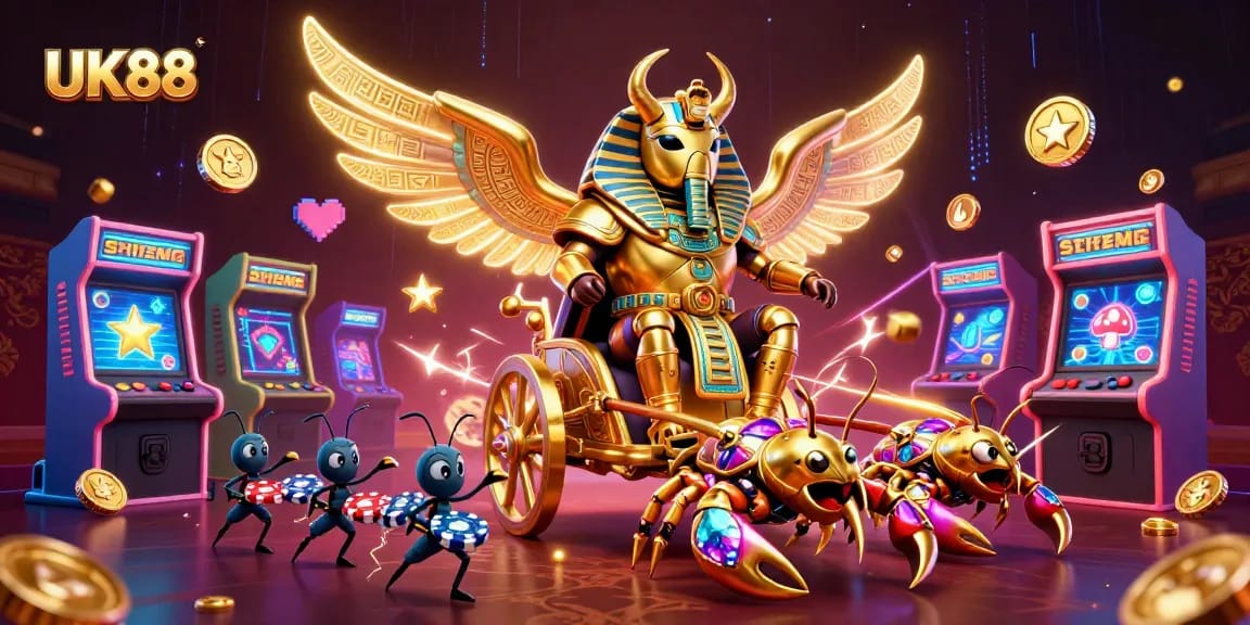 Engage in thrilling gameplay with UK88's vibrant casino-themed 3D illustration featuring energetic characters and rich visuals.