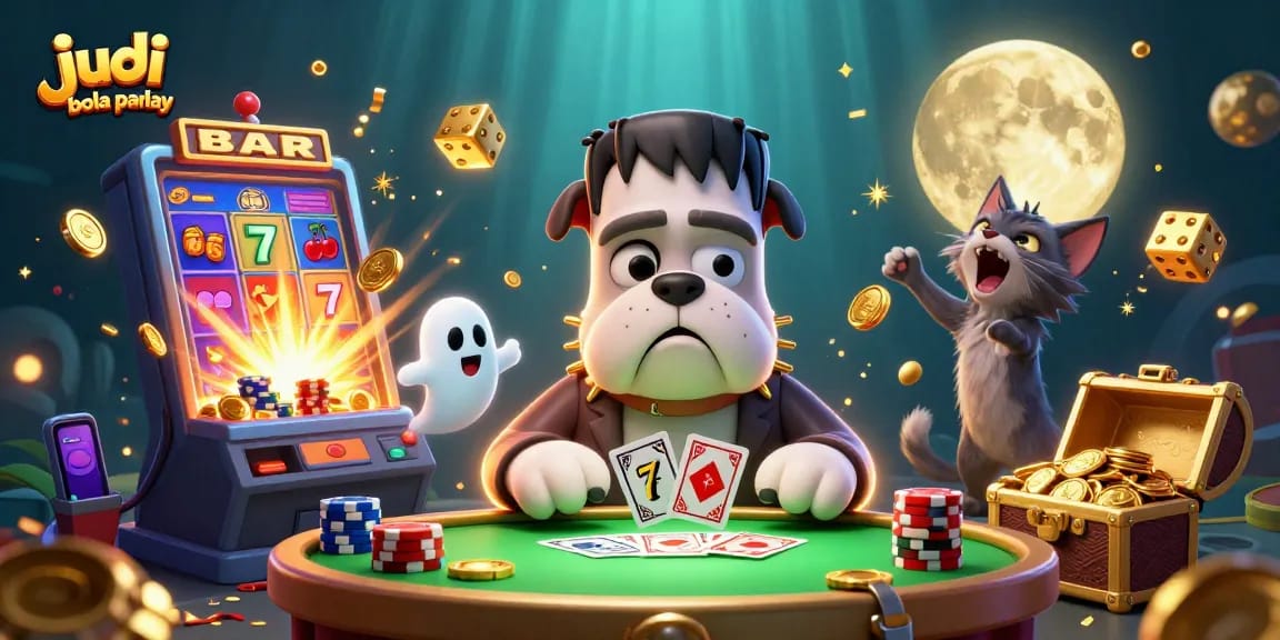 Experience judi bola parlay action with thrilling characters and vibrant casino elements in a spooky scene.
