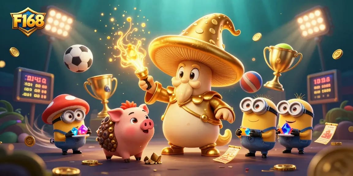 Experience the magic of F168 as the golden wizard conjures treasure amid dynamic sports elements.
