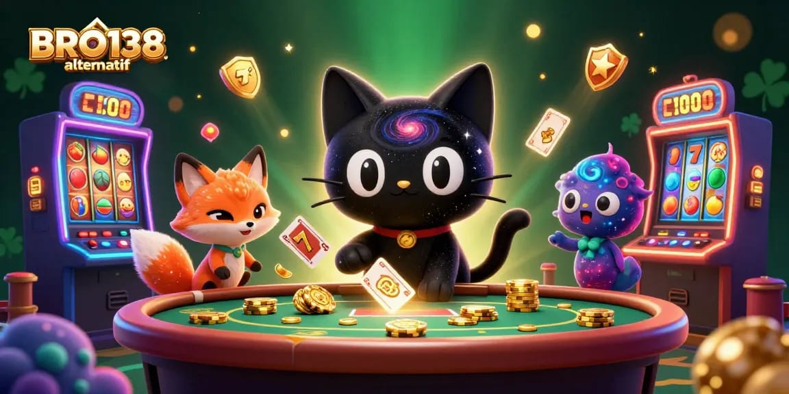 Play exciting slot games at BRO138 alternatif with a charming black hole cat and vibrant cosmic elements.