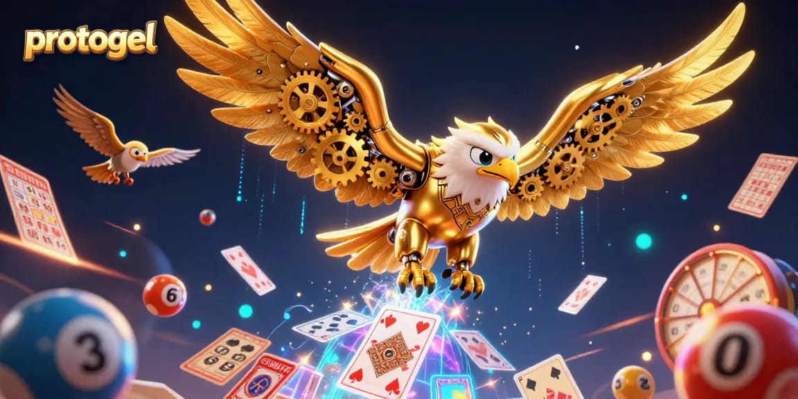 Experience thrill with Protogel's dynamic lottery scene featuring gold coins and holographic cards.
