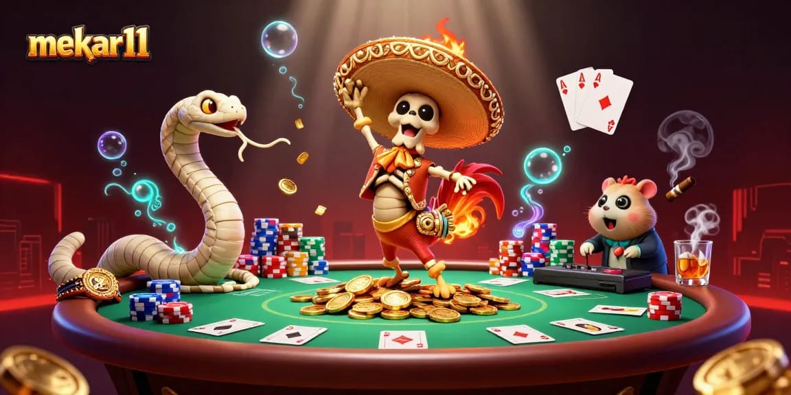 Mekar11 hands with a victory dance on golden coins while showcasing poker elements and vibrant casino energy.