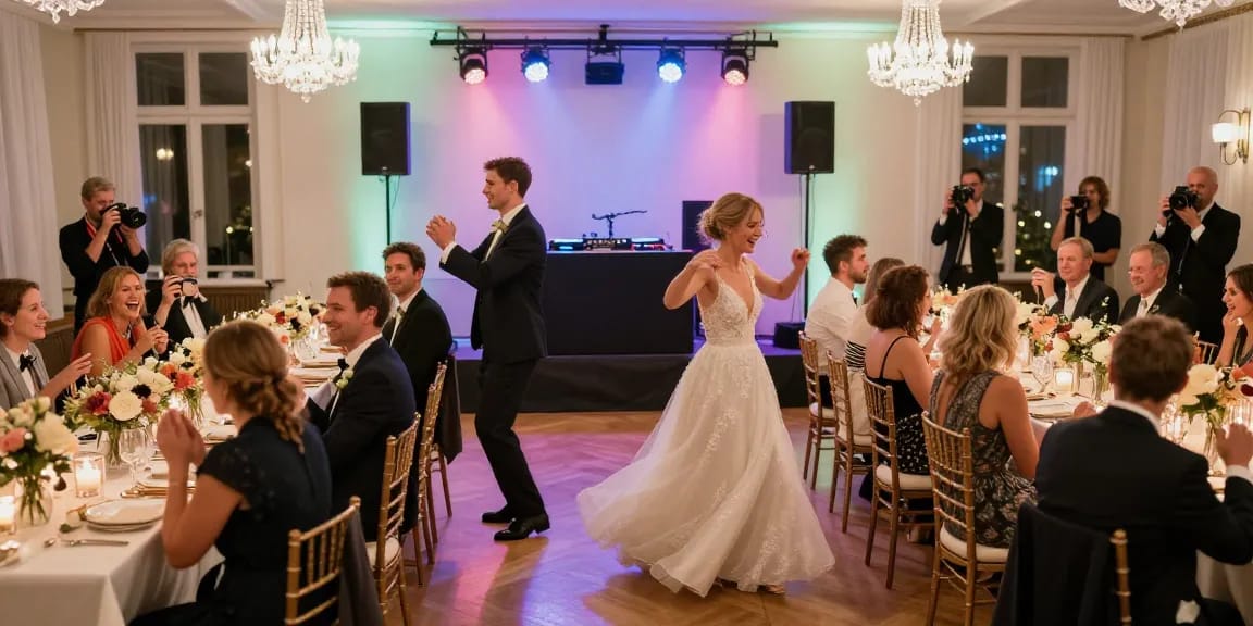 DJ für Hochzeit Berlin: Feiernde Gäste auf romantischer Hochzeitsfeier in elegantem Berliner Veranstaltungsort.