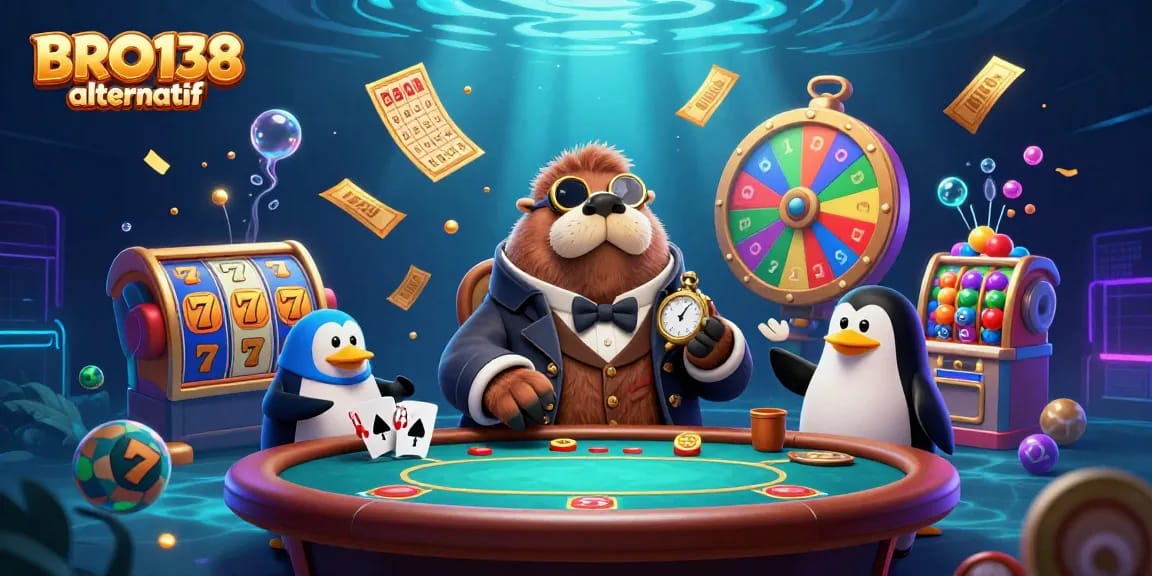Engage with BRO138 alternatif in a vibrant casino underwater scene featuring a walrus poker player.