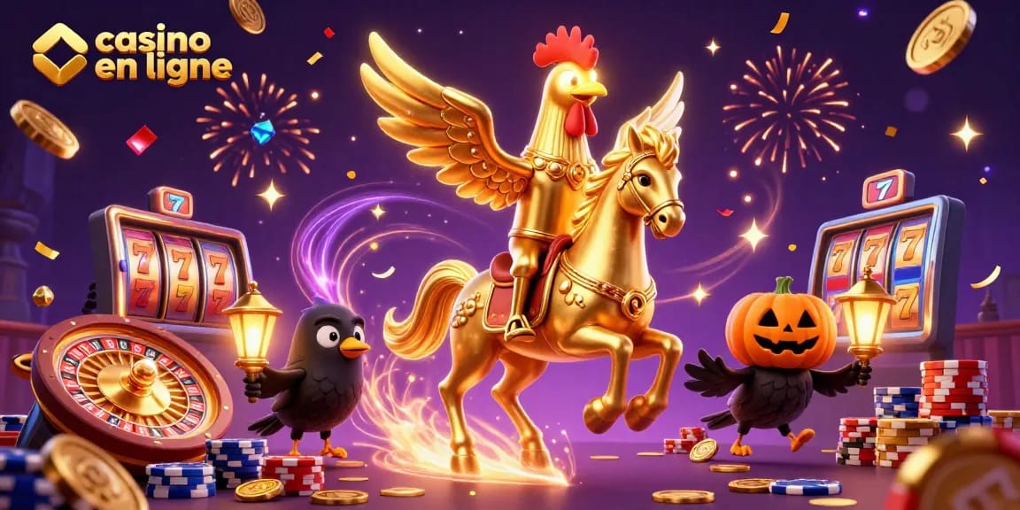 Jouer au casino en ligne avec une illustration colorée de personnages fantastiques et d'éléments de jeu captivants.