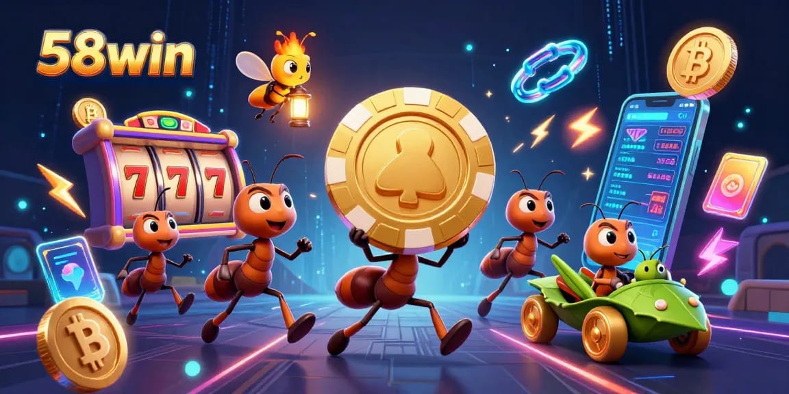 Win big with 58win as ants carry a giant poker chip in a vibrant casino heist scene.