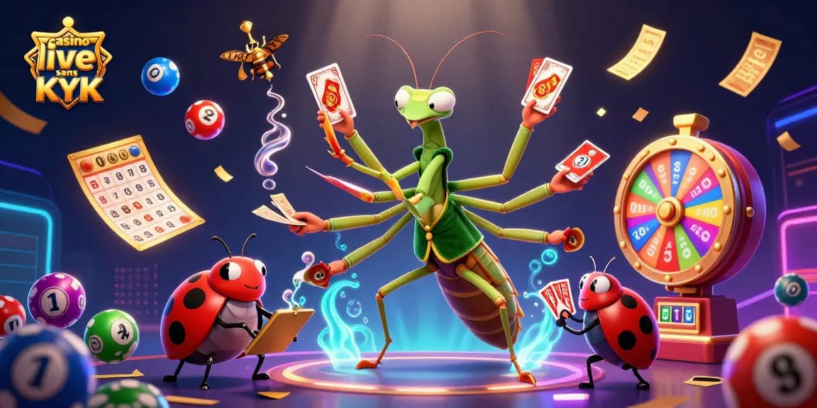 Découvrez l'univers du casino live sans KYC avec un manteau géant et un croupier coccinelle en action.