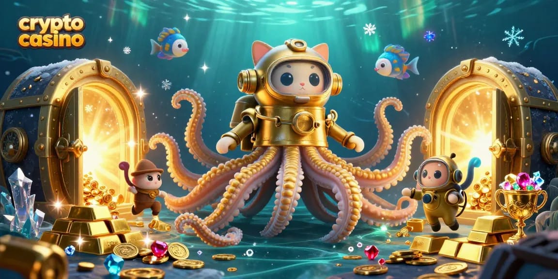 Jouez dans un casino crypto avec un kraken majestueux, des trésors étincelants et une ambiance sous-marine captivante.