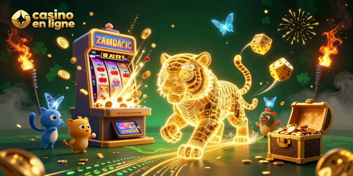 Jeu passionnant au casino en ligne avec un tigre en lumière et des machines à sous scintillantes.