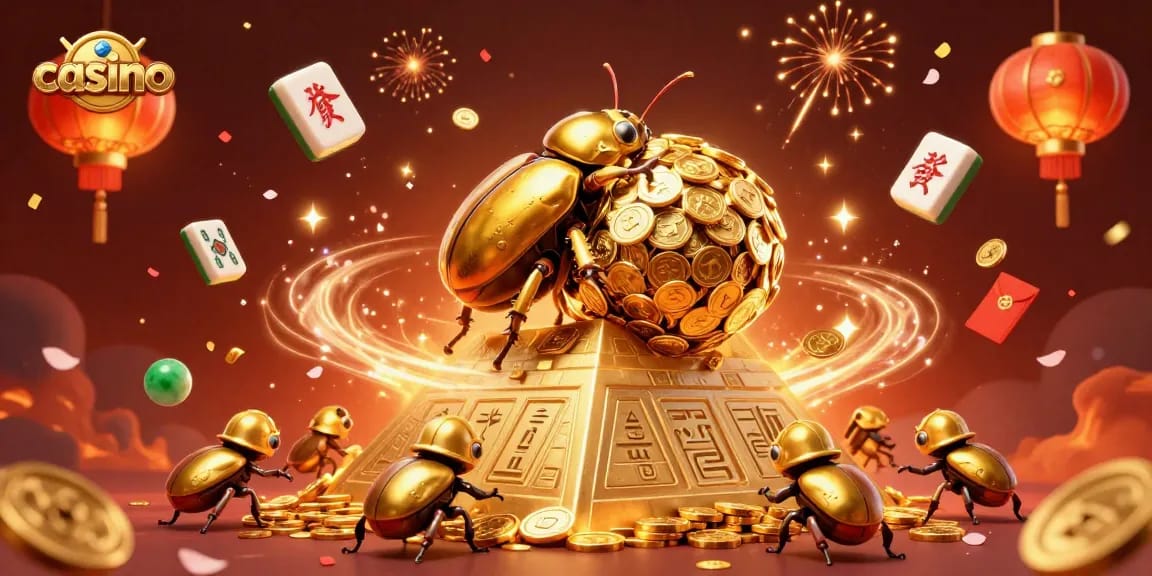 Engage with vibrant casino elements as a golden dung beetle rolls coins up a pyramid scene.