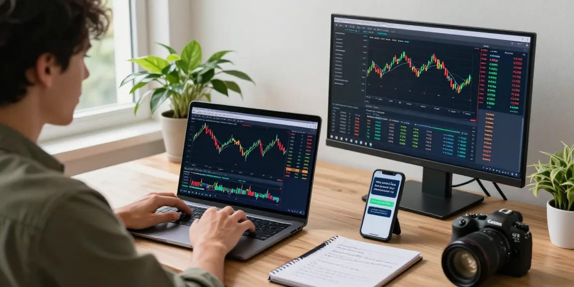 Engaged trader using MetaTrader 4 on laptop and smartphone, showcasing a modern trading workspace.