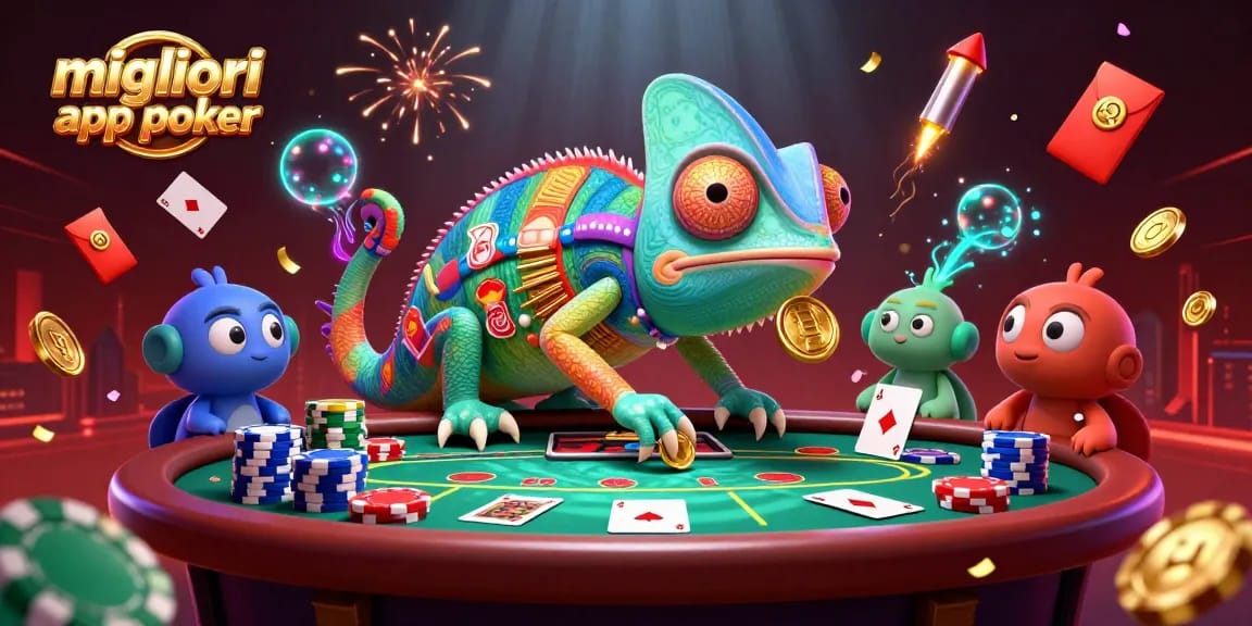 Migliori app poker: Gioca in sicurezza con l'illustrazione di un camaleonte, tavoli da poker e elementi decorativi.