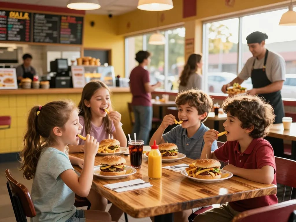 Delicious fast food menu items enjoyed by a family at a vibrant restaurant.