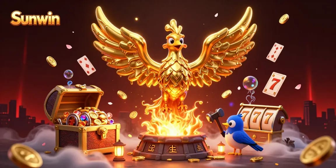 Experience the thrill of Sunwin with this vibrant 3D casino scene featuring golden phoenix and dynamic game elements.