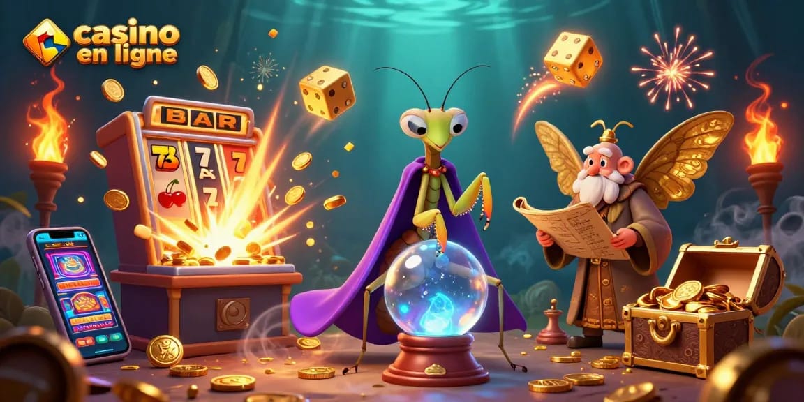 Jouez à casino en ligne avec une fortune d'or révélée par un hibou sage et une mante mystique.
