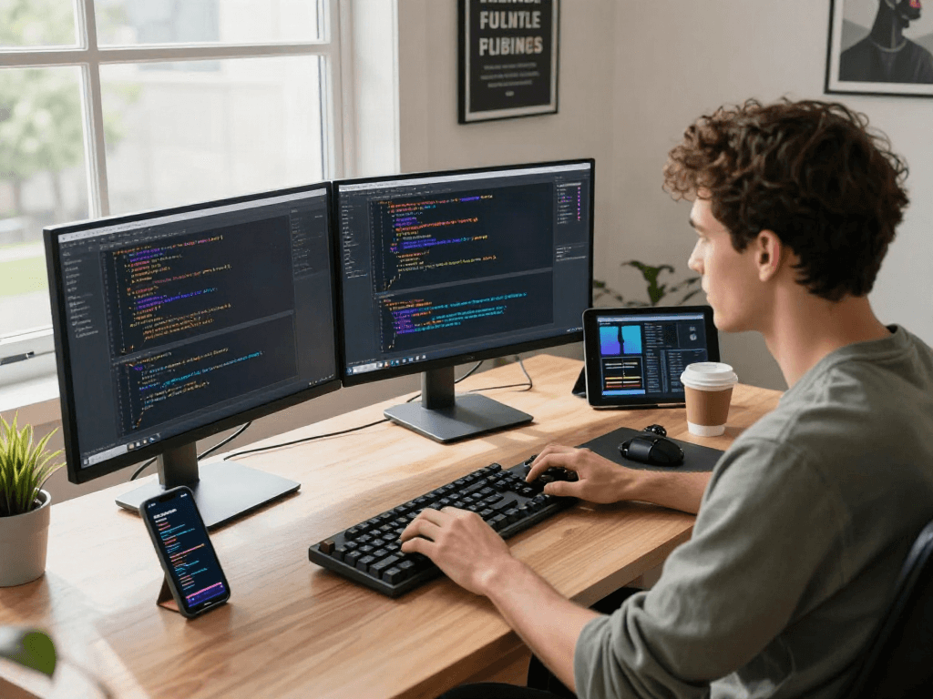 Developer coding on dual monitors in a dynamic workspace while working on bro138 project.