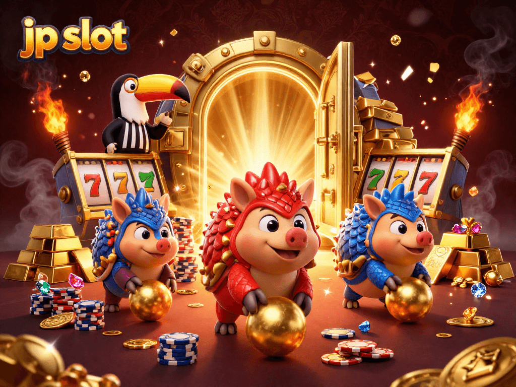 Experience the excitement of jp slot with animated pangolins competing over golden treasures amidst vibrant casino elements.
