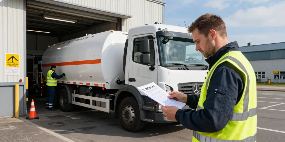 Gefahrguttransport Dortmund: Fahrer in Sicherheitskleidung bei der Überprüfung von Transportdokumenten an der Ladestation.