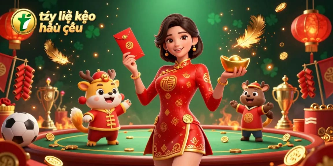 Betting on tỷ lệ kèo nhà cái in an exciting 3D illustration with festive elements, sports tokens, and gold coins.