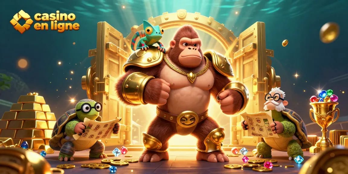 Gagnez avec le casino en ligne: un roi gorille puissant en armure d'or et ses compagnons colorés.