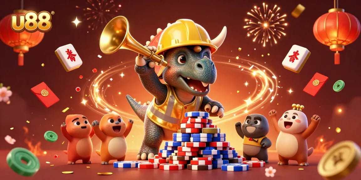 Experience the excitement of u88 with cartoon dinosaurs celebrating gambling wins among colorful casino elements.