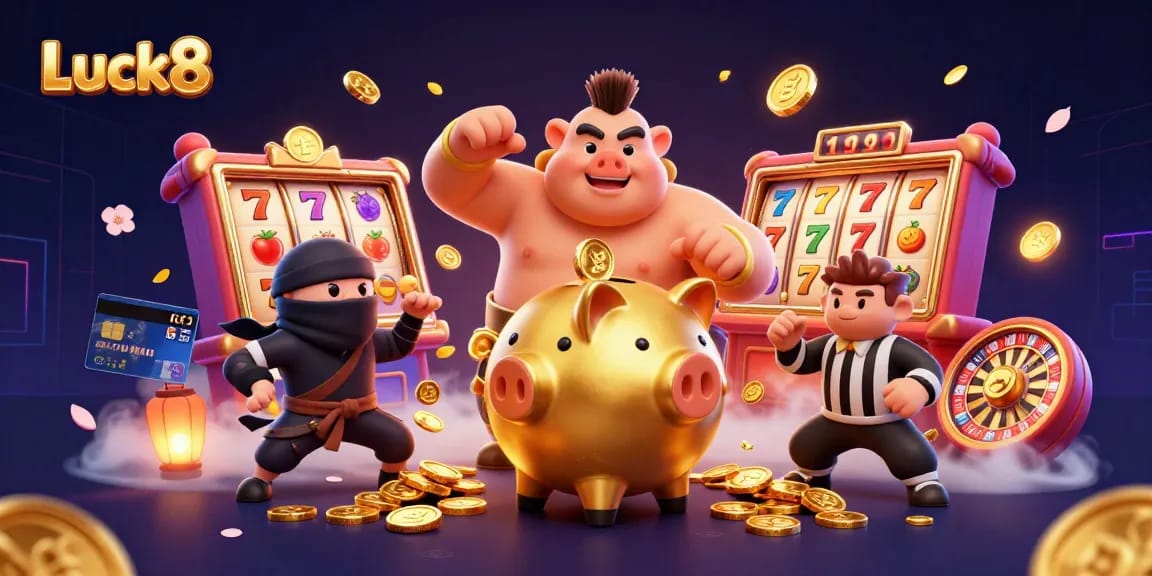 Luck8 engages players with a vibrant casino scene featuring a golden piggy bank sumo wrestler and dynamic game elements.