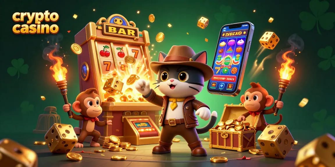 Gioca nel crypto casino mentre l'esploratore scopre un artefatto dorato circondato da simboli del jackpot e monete volanti.