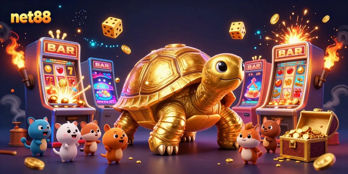 Experience thrilling gameplay with net88, showcasing a golden tortoise and slot machines in a vibrant casino scene.