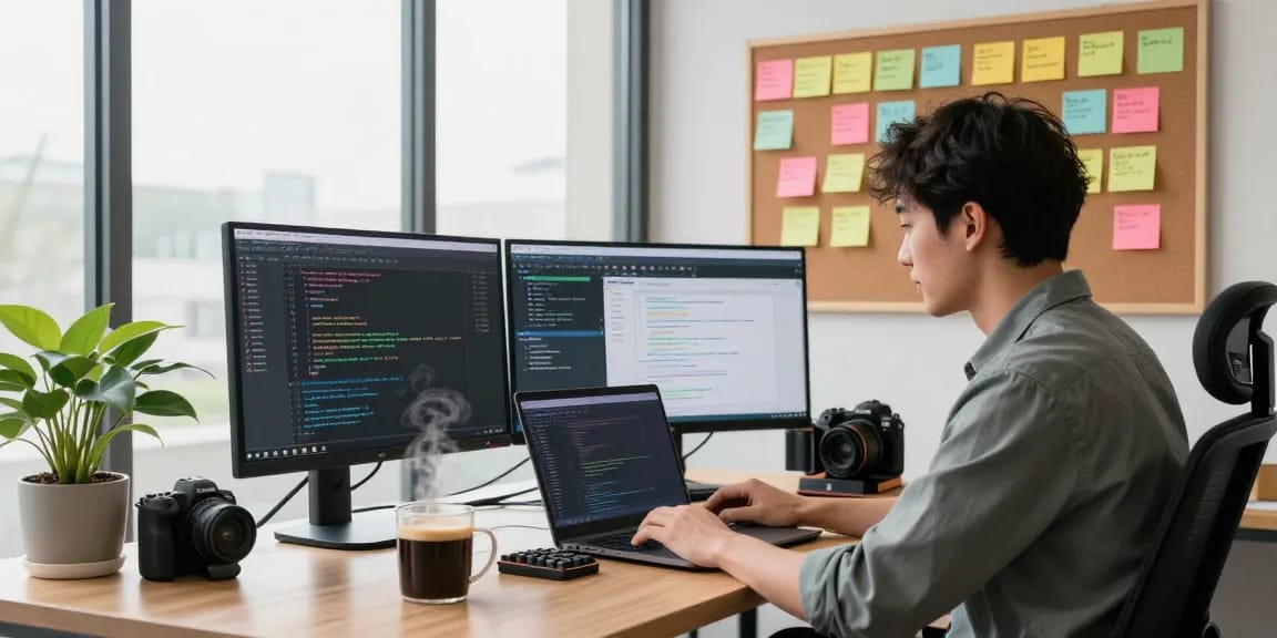 Software engineer coding on multiple screens in a creative workspace at https://www.www456bd.com/, showcasing vibrant office elements and productivity.