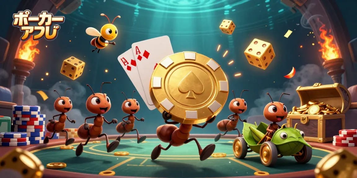 ポーカーアプリでのリアルマネーゲームを楽しむ蟻たちのヒーストシーン。